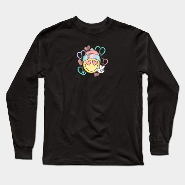 Smiley Face Hearts Peace Love Happiness Hippie Long Sleeve T-Shirt by Funny Stuff Club